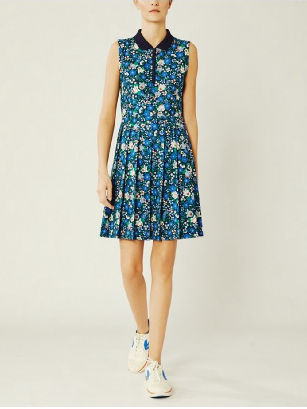Tory Sport Blue Floral Pleated Polo Dress